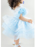 Sky Blue Ruffle Tulle Sleeves Sparkly Flower Girl Dress